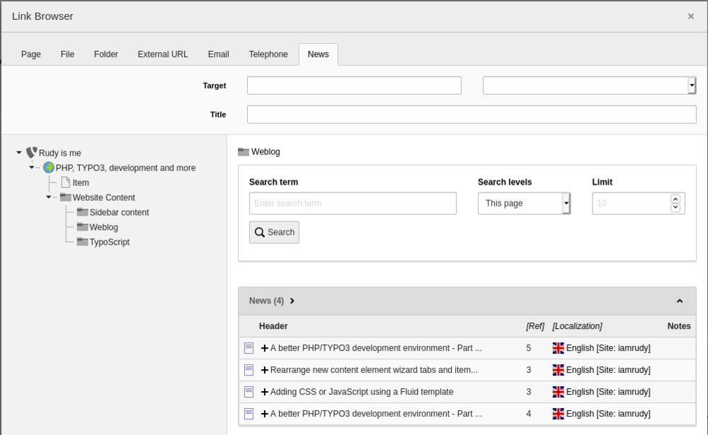 The link window of TYPO3